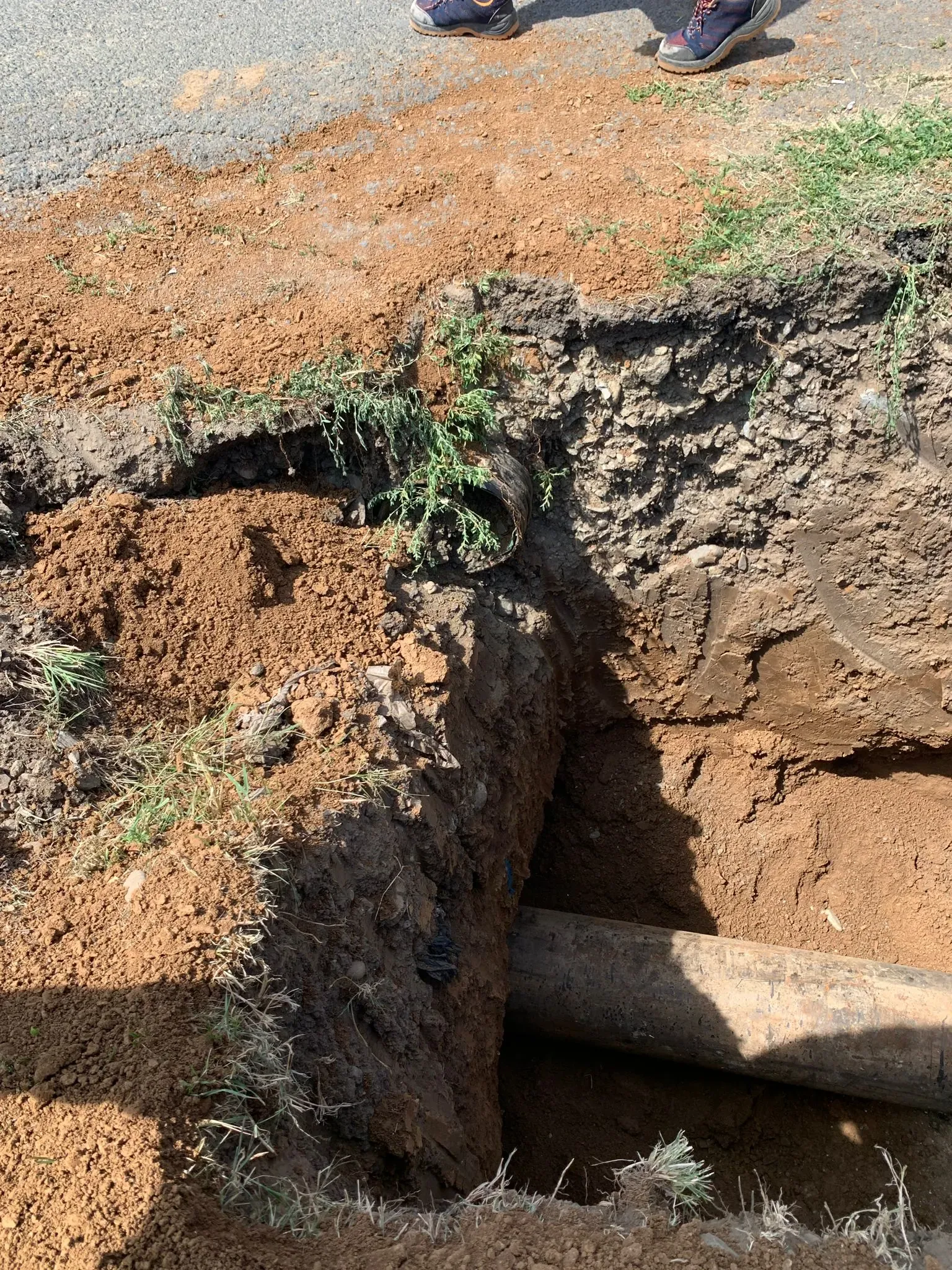Conductă metalică traversând tranșeea, imediat sub stratul vegetal